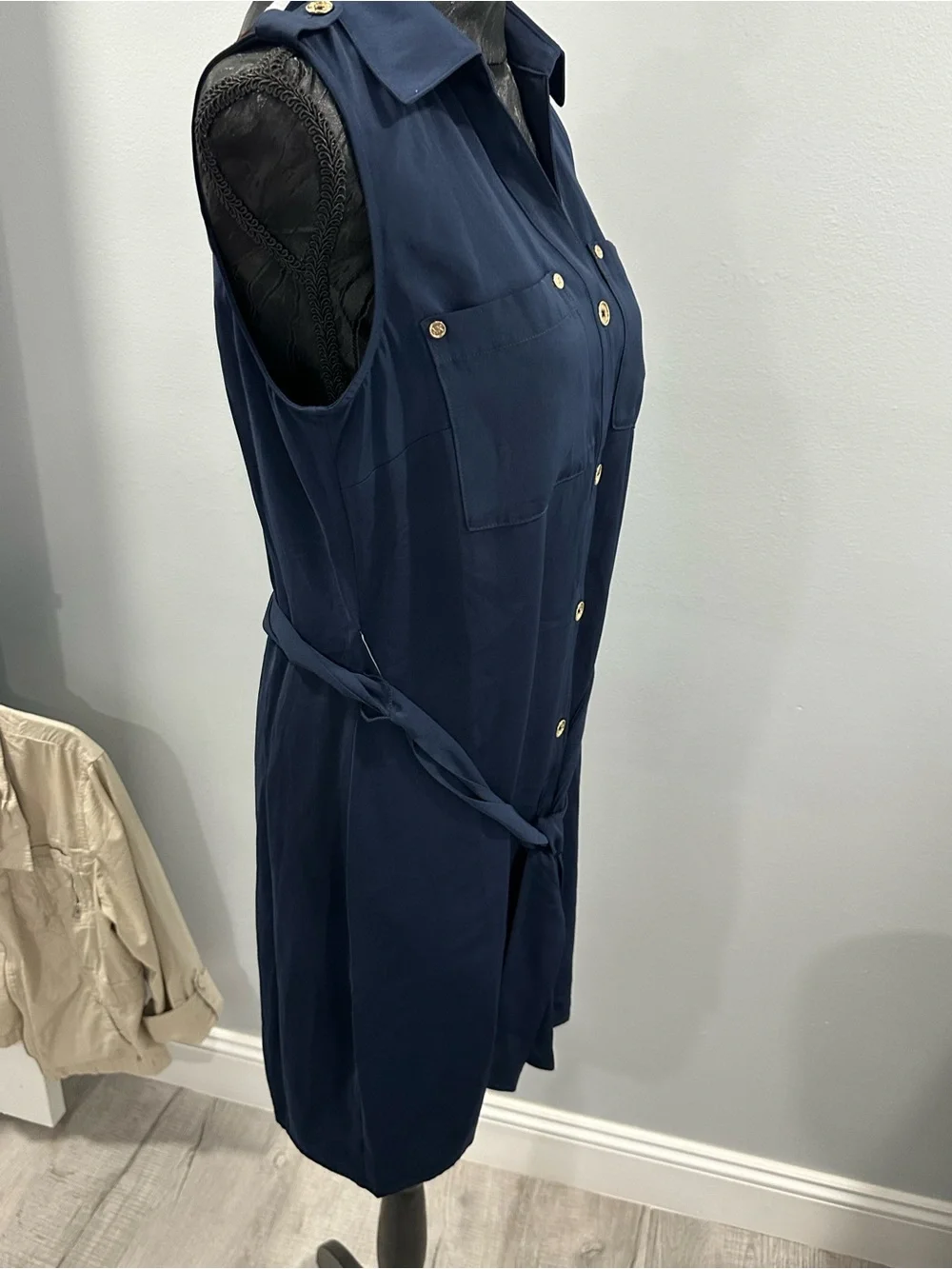 Michael Kors Sleeveless Navy Trench Dress with Gold Buttons size S